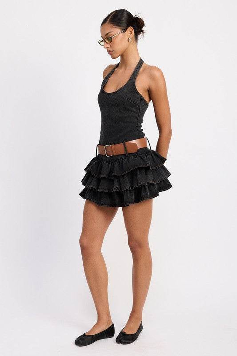 MINI BELTED RUFFLED DENIM DRESS with HALTER NECK