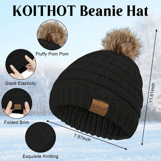 5 Pcs Women Winter Beanie Hat Gloves Scarf Set, Warm Thick Soft Knitted Touch Screen Black
