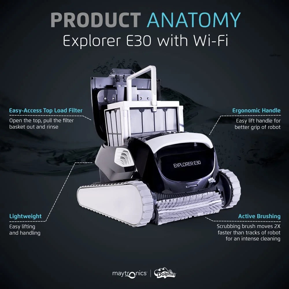 Dolphin Explorer E30 Wi-Fi Robotic Pool Vacuum Cleaner up to 50 FT - Transport Bundle with Caddy