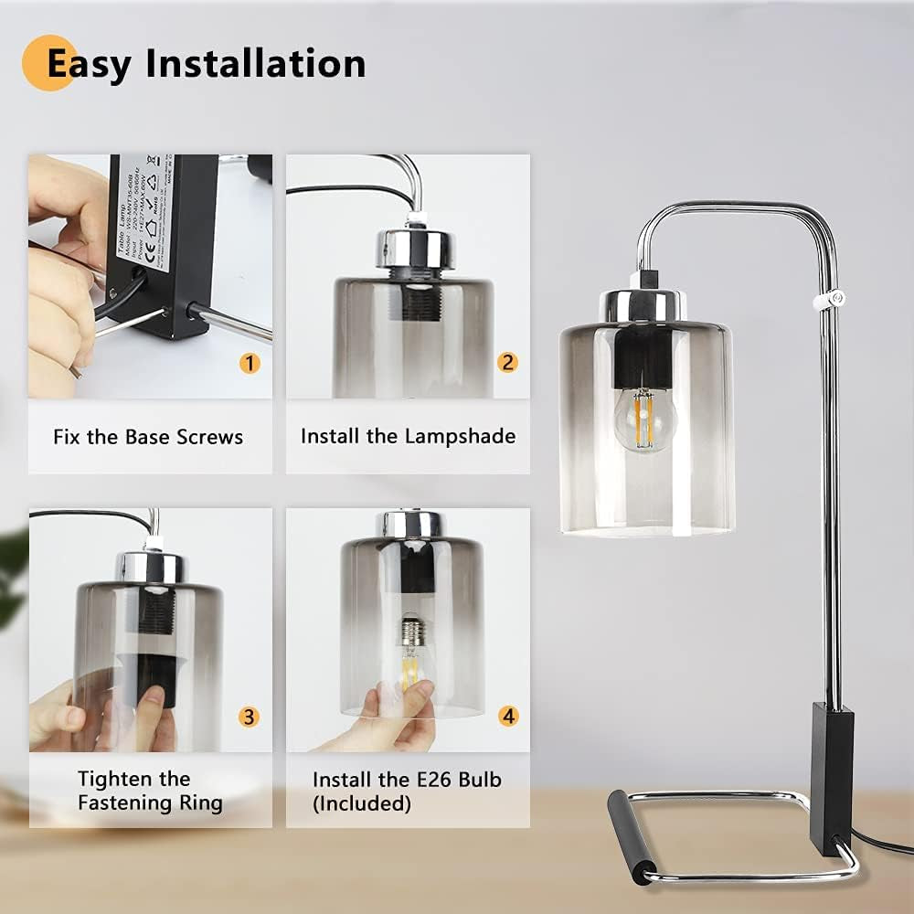 DLLT Industrial Table Lamp, Metal besides Reading Lamps with Gradient Grey Glass Lampshade, Vintage Nightstand Desk Light for Bedroom Living Room Office Dorm, Chrome Finish, 5W Bulb Included