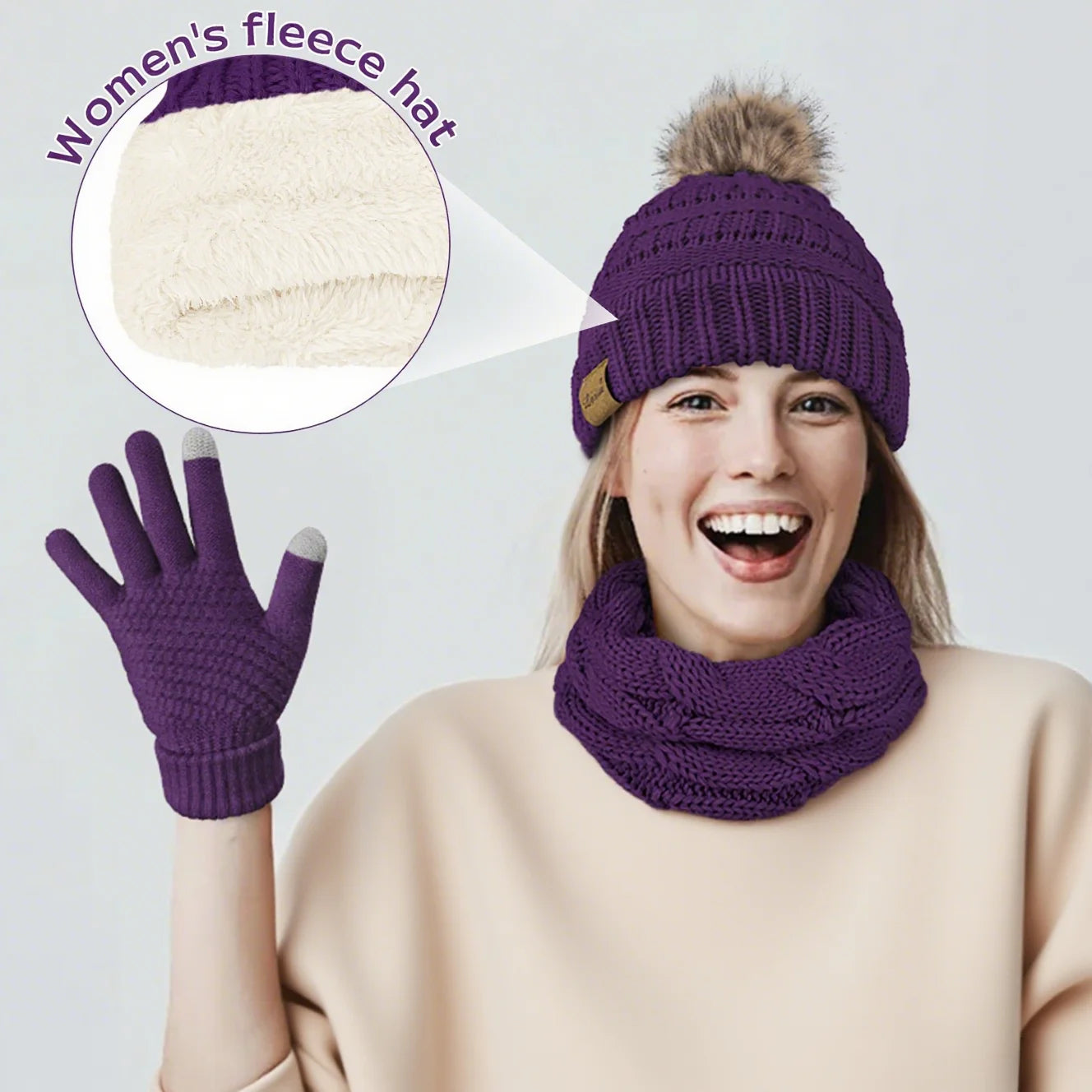 3 Pcs Women Winter Hat and Gloves Sets, Beanies Knit Classic Neck Warmer and Touchscreen Gloves Purple