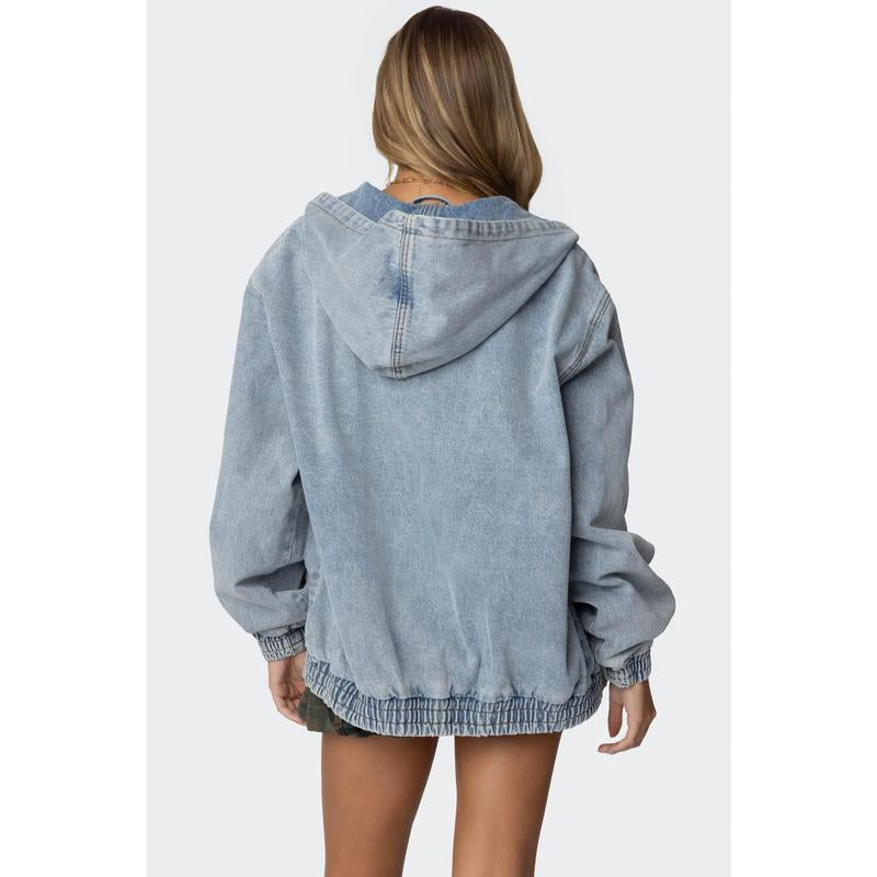 Hooded Vintage Washed Denim Bomber Jacket