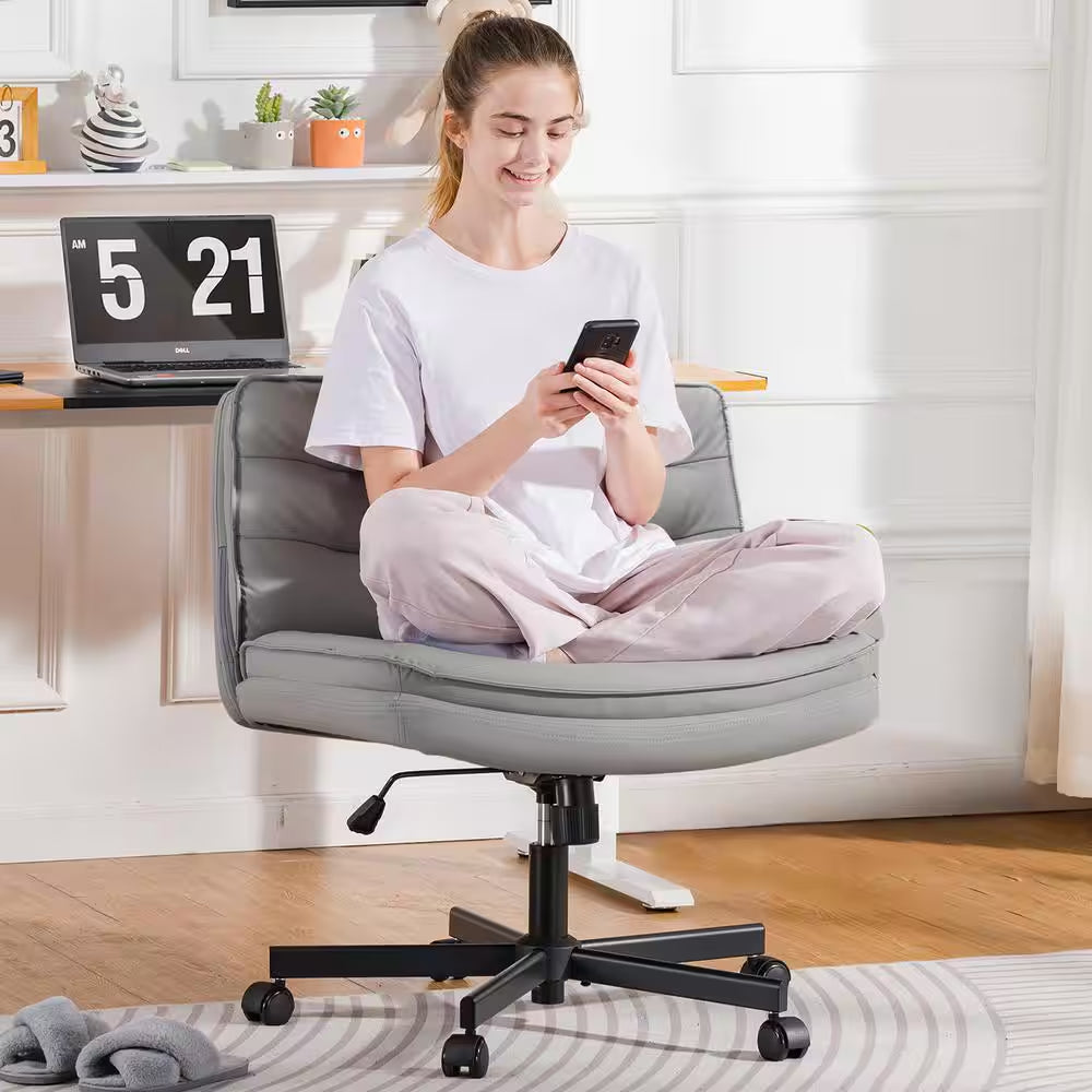 Criss Cross Chair with Wheels PU Leather Armless Cross Legged Office Desk Chair Height Adjustable Vanity Chair, Gray