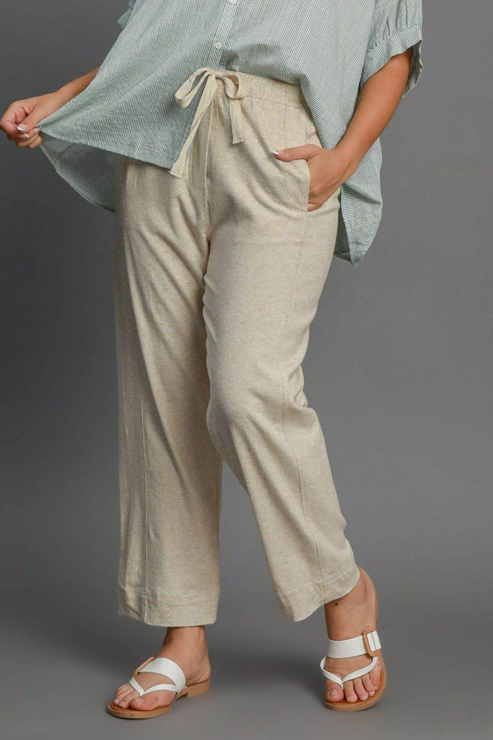 Umgee Full Size Drawstring Elastic Waistband Linen Blend Pants plus Size