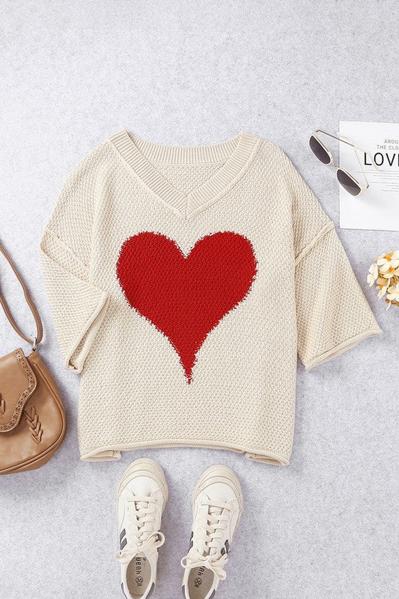Cotton Khaki Beige Cream Casual Heart Knit Sweater