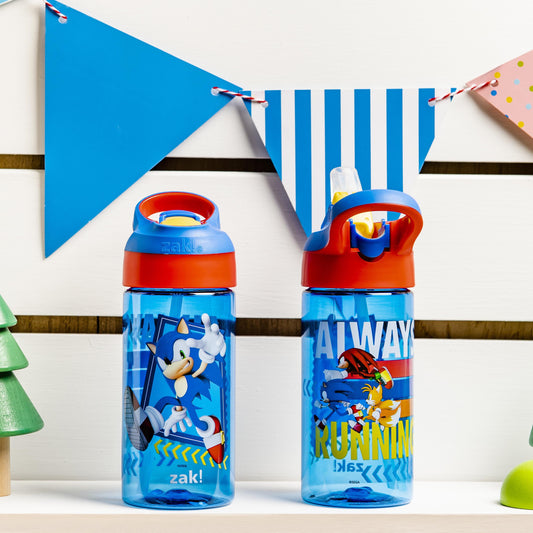 17.5Oz Sonic the Hedgehog Kids Water Bottle with Spout Cover and Built-In Carrying Loop, Made of Durable Plastic, Leak-Proof Design for Travel (17.5 Oz, Pack of 2)