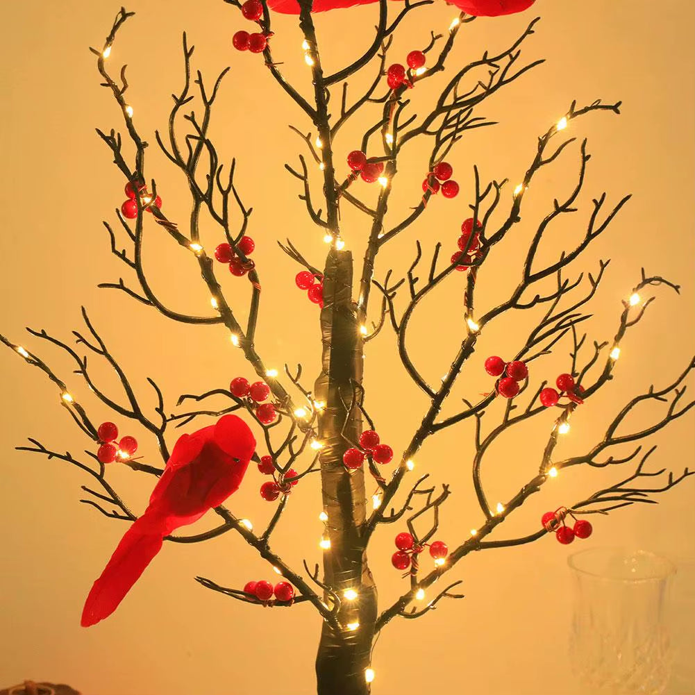 LED Retro Luminous Christmas Tree Lamp Festival Christmas Decoration with Red Fruit and Bird Decor for Tabletop