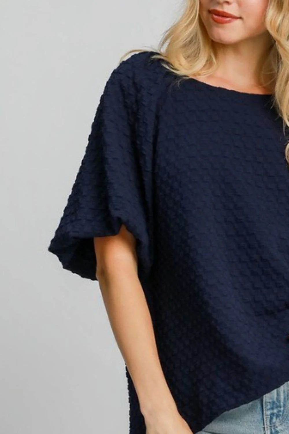 Umgee Full Size Boxy Cut Jacquard round Neck Top with Side Slit plus Size