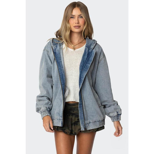 Hooded Vintage Washed Denim Bomber Jacket