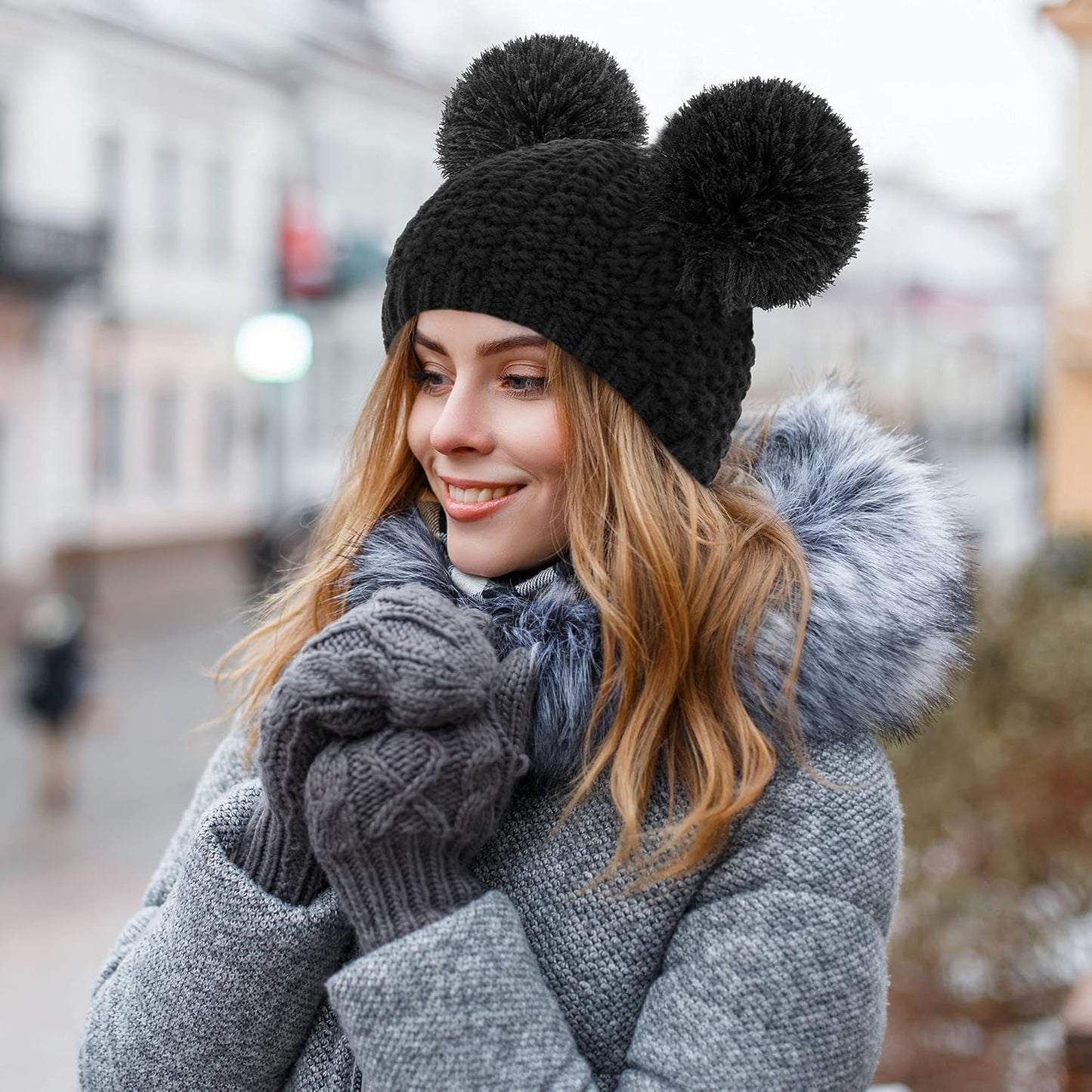 Winter Beanie Hats for Women Cable Knit Soft Cute Beanie with Double Pompom Ears