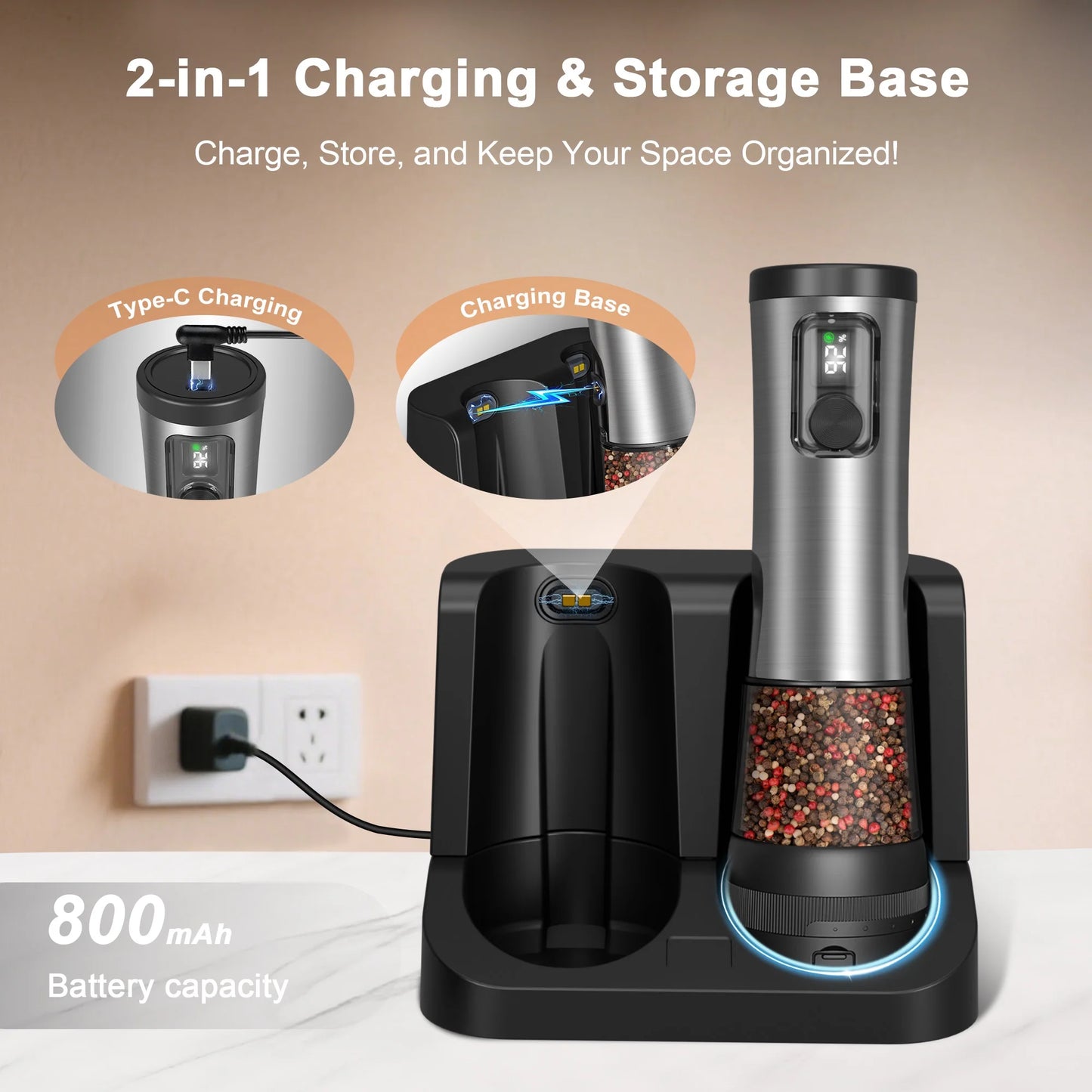Electric Salt and Pepper Grinder Set – Automatic Rechargeable Pepper Mill with LED Battery Display & USB‑C Charging Base, 5‑Level Adjustable Stainless Steel Spice Mill for Kitchen, Dining & Camping