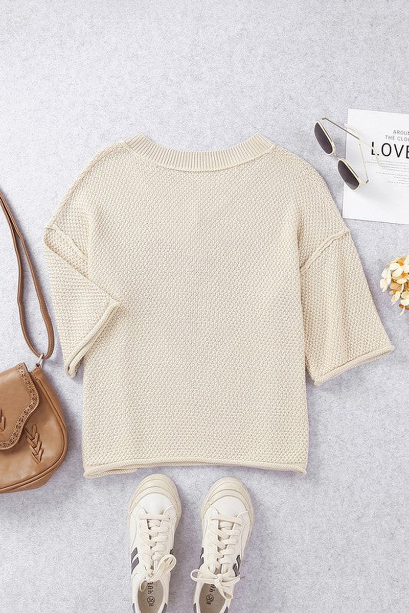 Cotton Khaki Beige Cream Casual Heart Knit Sweater