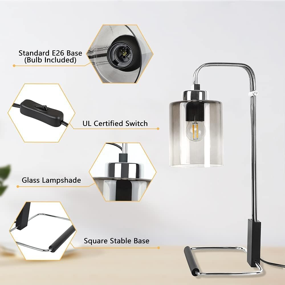 DLLT Industrial Table Lamp, Metal besides Reading Lamps with Gradient Grey Glass Lampshade, Vintage Nightstand Desk Light for Bedroom Living Room Office Dorm, Chrome Finish, 5W Bulb Included