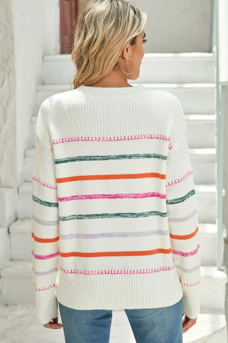 Colorful Striped Ribbed Trim round Neck Sweater