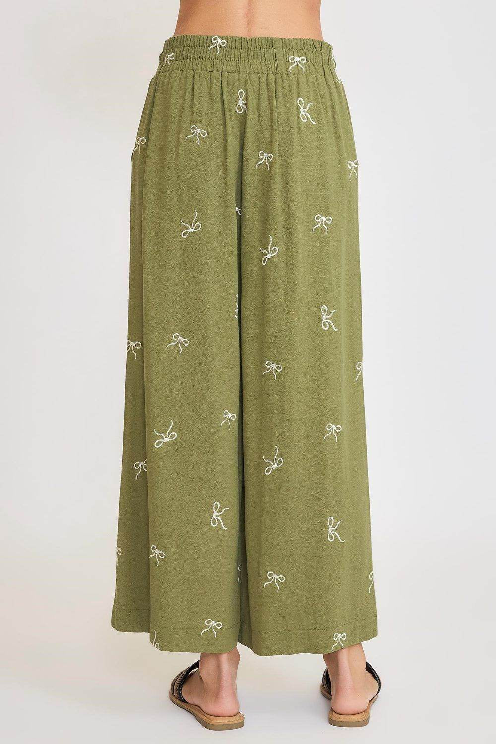 Umgee Full Size Lace Drawstring Embroidered Bow Wide Leg Pants plus Size