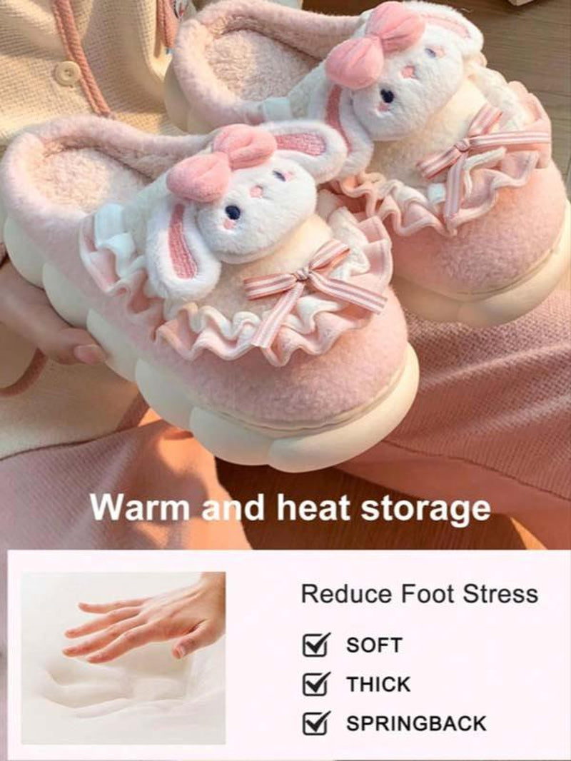 Women'S Thick Sole Plush Slippers for Home Use, Cute Cartoon Rabbit Design, Warm Non-Slip Winter Footwear, Cozy House Slippers