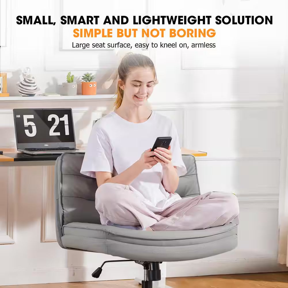 Criss Cross Chair with Wheels PU Leather Armless Cross Legged Office Desk Chair Height Adjustable Vanity Chair, Gray