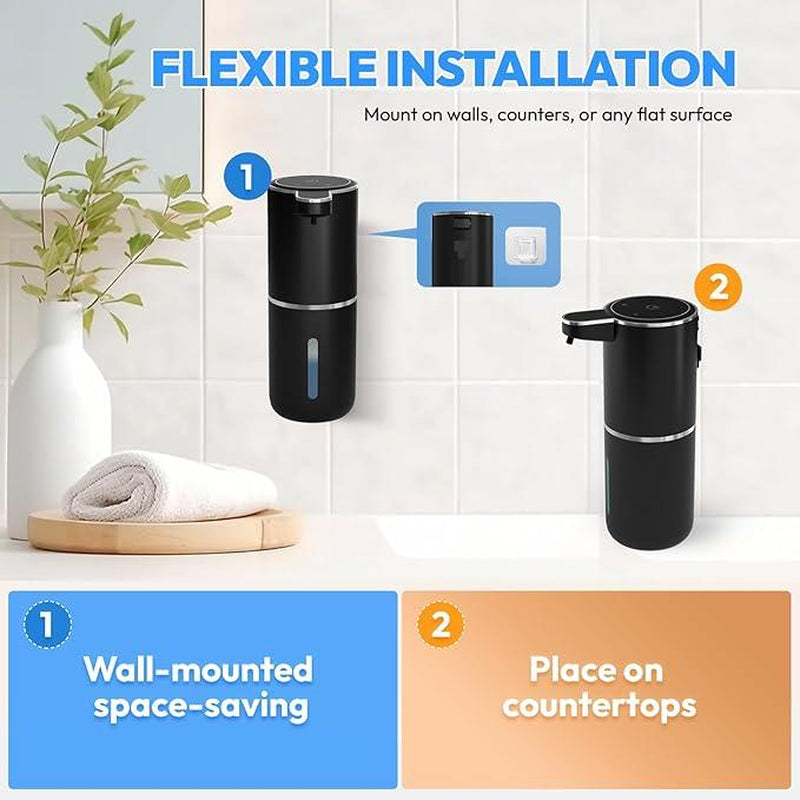 Smart Sensor Soap Dispenser, Automatic Hands-Free Foaming Dispenser USB-C Rechargeable, 4 Foam Settings & Quick Charge, Modern for Kitchen Bathroom Sink, Countertop or Wall Mounted (Black)