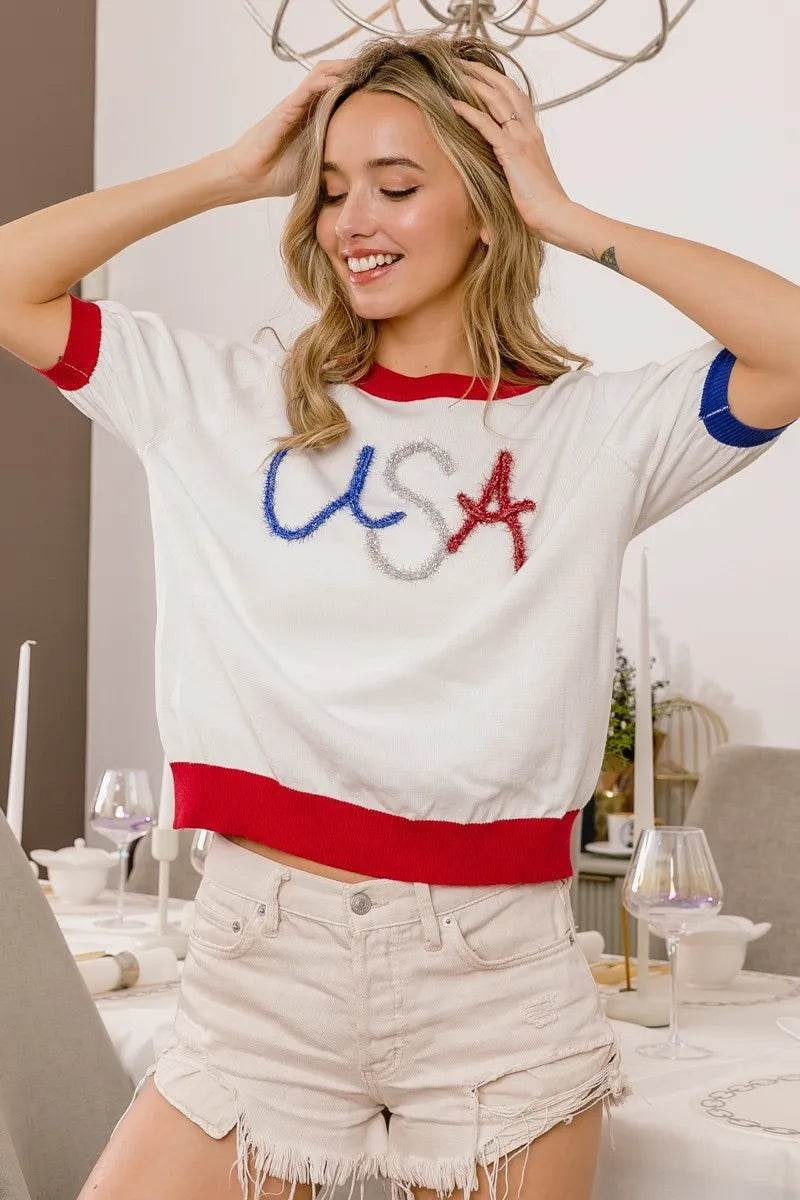 Bibi USA Metallic Letter Color Block Knit Top