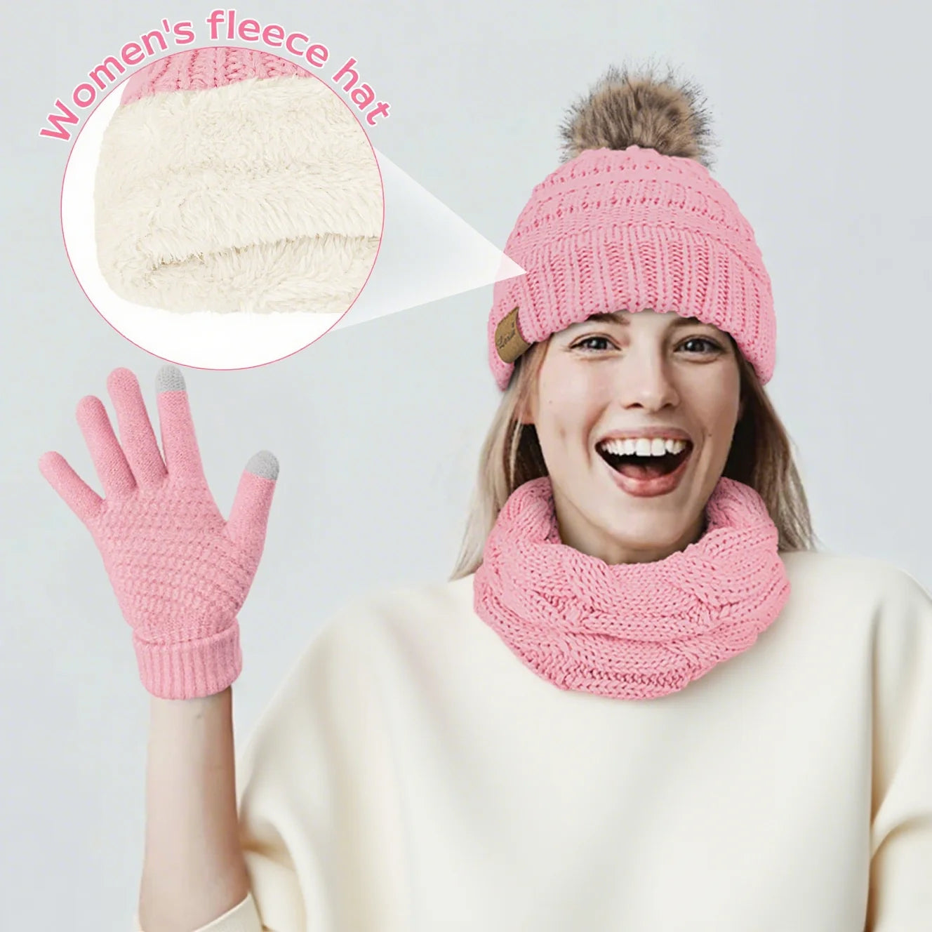 3 Pcs Women Winter Hat and Gloves Sets, Beanies Knit Classic Neck Warmer and Touchscreen Gloves Pink