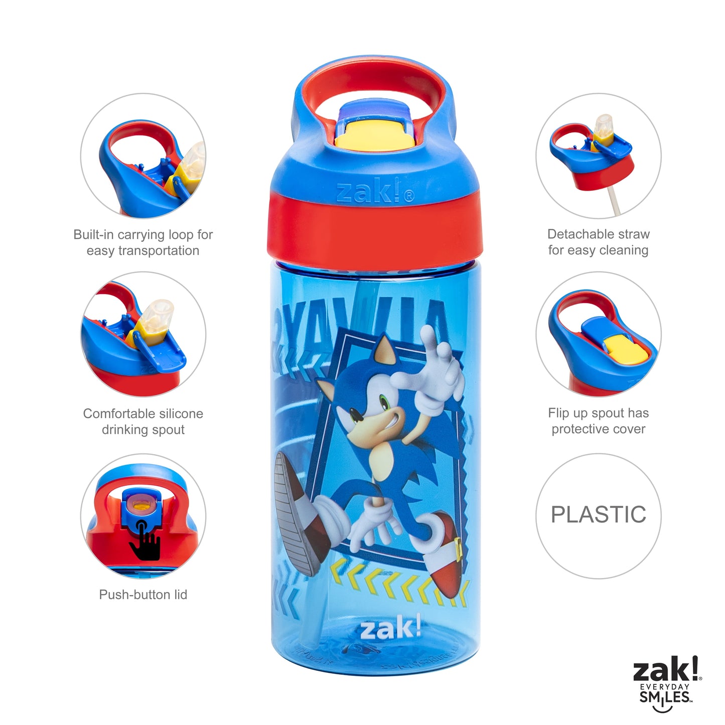 17.5Oz Sonic the Hedgehog Kids Water Bottle with Spout Cover and Built-In Carrying Loop, Made of Durable Plastic, Leak-Proof Design for Travel (17.5 Oz, Pack of 2)