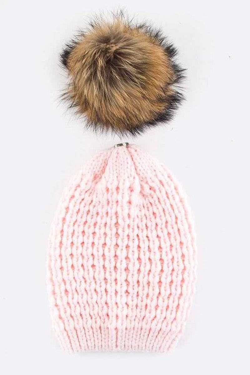 Raccoon Fur Pompom Beanie