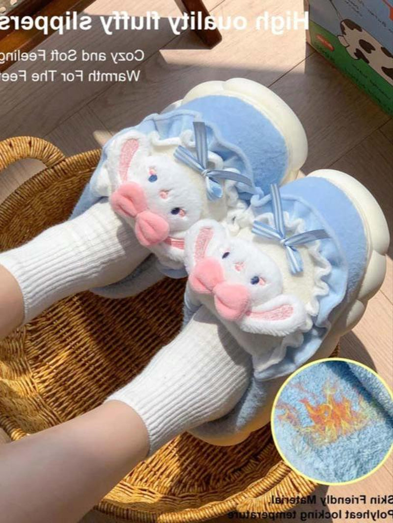 Women'S Thick Sole Plush Slippers for Home Use, Cute Cartoon Rabbit Design, Warm Non-Slip Winter Footwear, Cozy House Slippers