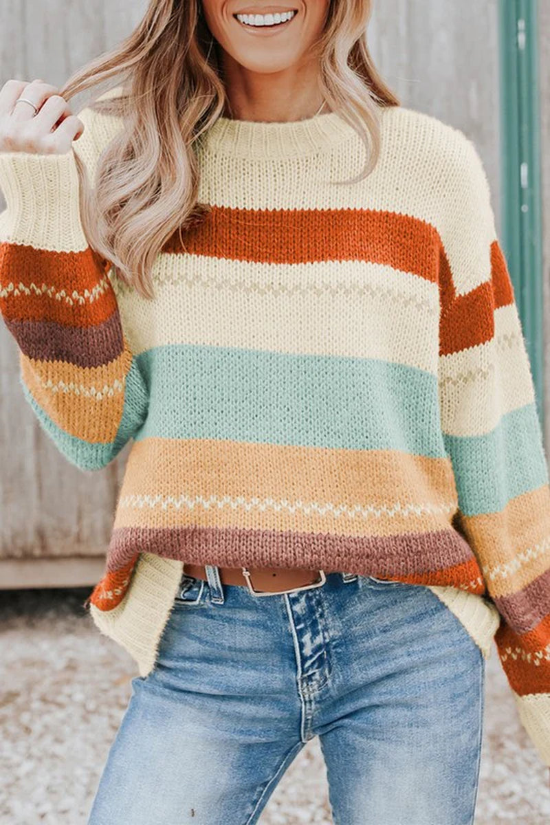 Women Drop-Shoulder Striped Color Block Sweater