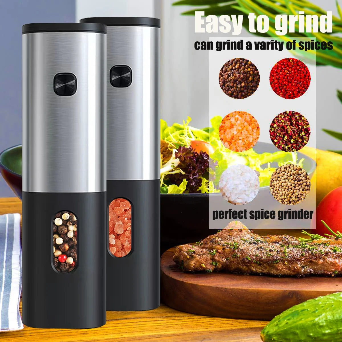 Rechargeable Electric Salt and Pepper Grinder Sets with Charging Base, Stainless Steel Pepper Grinder with Rechargeable Batteries, Salt Grinder with Adjustable Coarseness and LED Blue Light