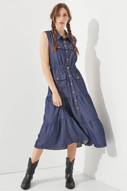 PLUS SLEEVELESS BUTTON down COLLARED DENIM DRESS