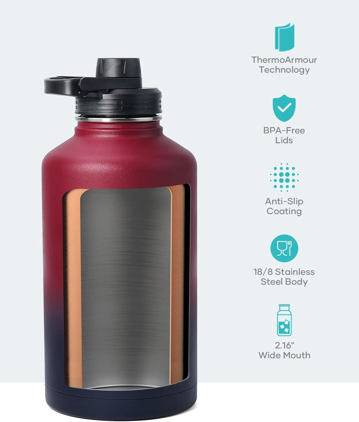 64 Oz Insulated Water Bottle with Straw & 3 Lids, Half Gallon Water Bottle Stainless Steel with Carrying Strap for Gym Sports Outdoor Hiking, Ombre Wine/Navy
