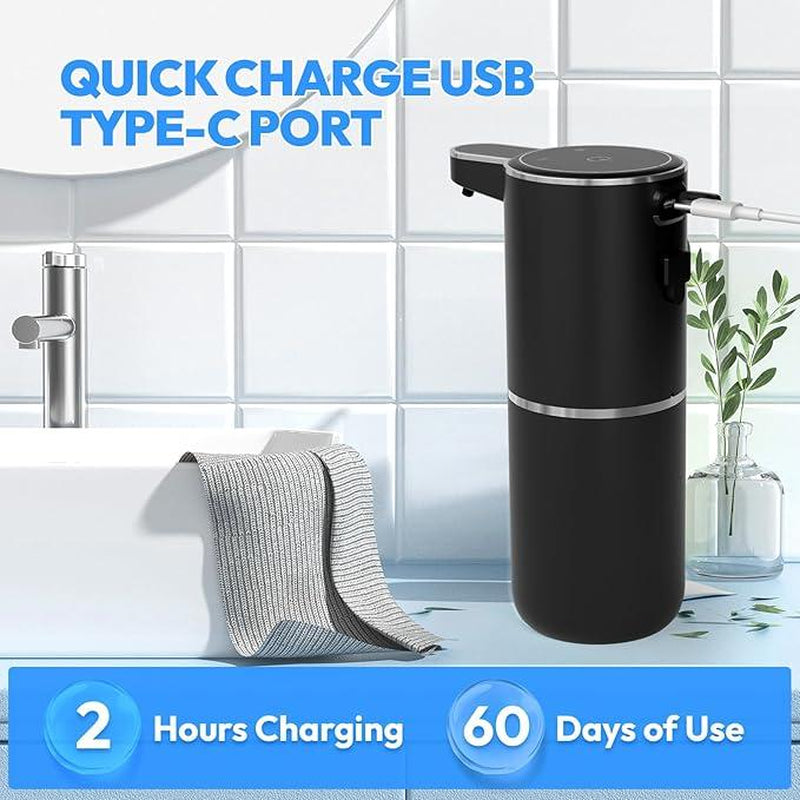 Smart Sensor Soap Dispenser, Automatic Hands-Free Foaming Dispenser USB-C Rechargeable, 4 Foam Settings & Quick Charge, Modern for Kitchen Bathroom Sink, Countertop or Wall Mounted (Black)