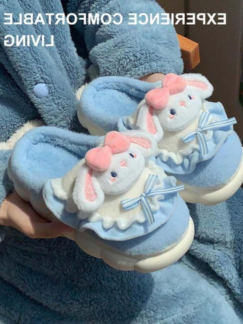 Women'S Thick Sole Plush Slippers for Home Use, Cute Cartoon Rabbit Design, Warm Non-Slip Winter Footwear, Cozy House Slippers
