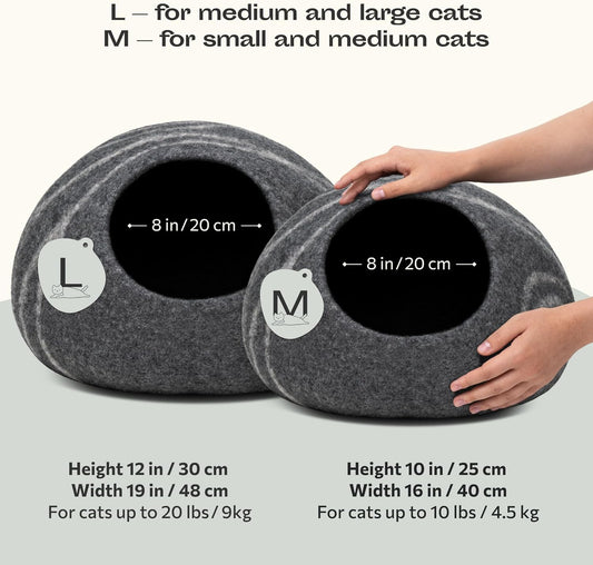 Cat Cave – Premium Felt Cat Bed for Indoor Cats, Handmade 100% Merino Wool (Medium, Dark Grey)