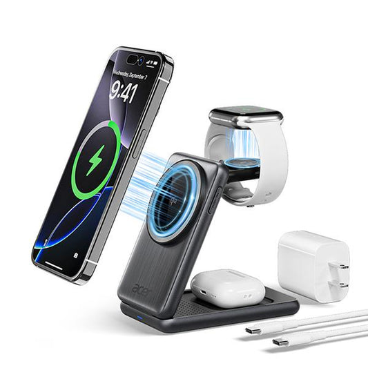 Acer 3 in 1 Using Apple Latest Technology Magnetic Wireless Charger, Wireless Charging Station, 15W Fast Magsafe Charger for Iphone 17 16 15 14 13 12 Series -Apple Watch 10 9 8 7 6 5 4 3 2 SE and Ultra Series-Airpods 4 3 2 Pro Series
