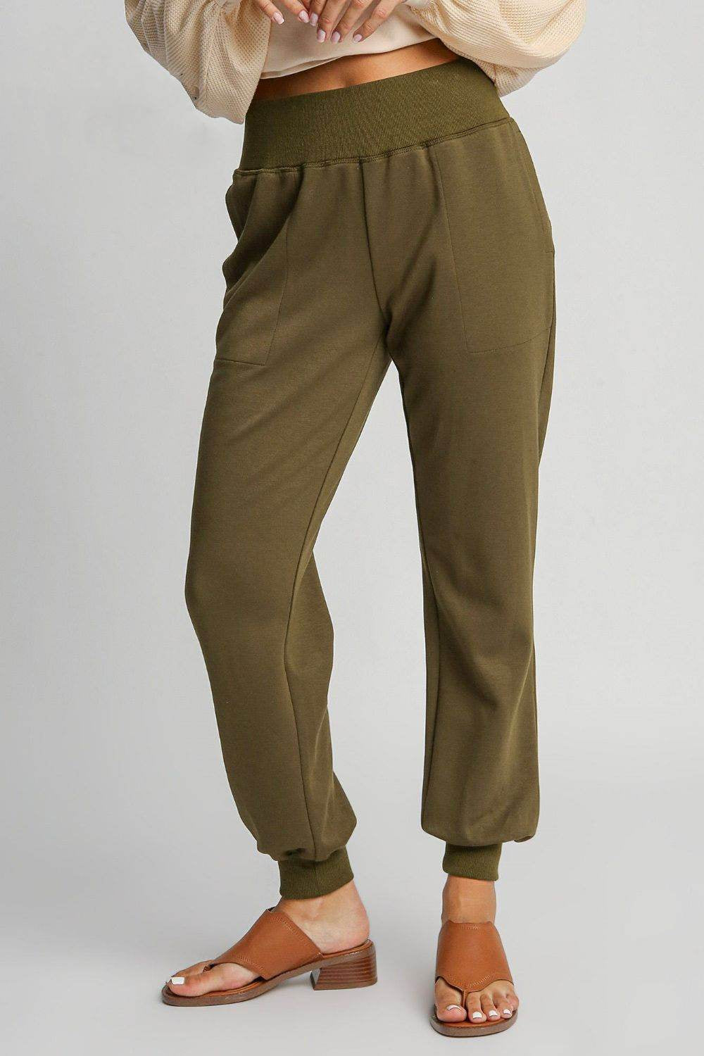 Umgee Full Size High Rise Elastic Waist Knit Joggers with Pockets plus Size