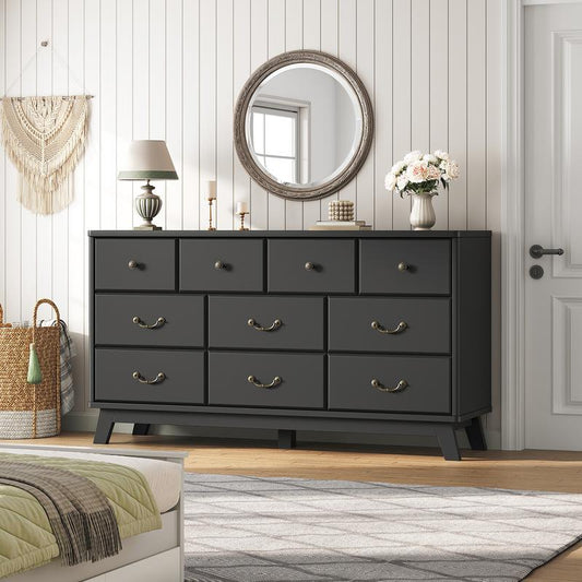 Black Dresser for Bedroom, Wooden 10 Drawer Dresser, 55.1" Wide Chest of Drawers with Vintage Metal Handle, Modern Dressers for Bedroom, Closet, Hallway, Living Room, Dressers TV Stand