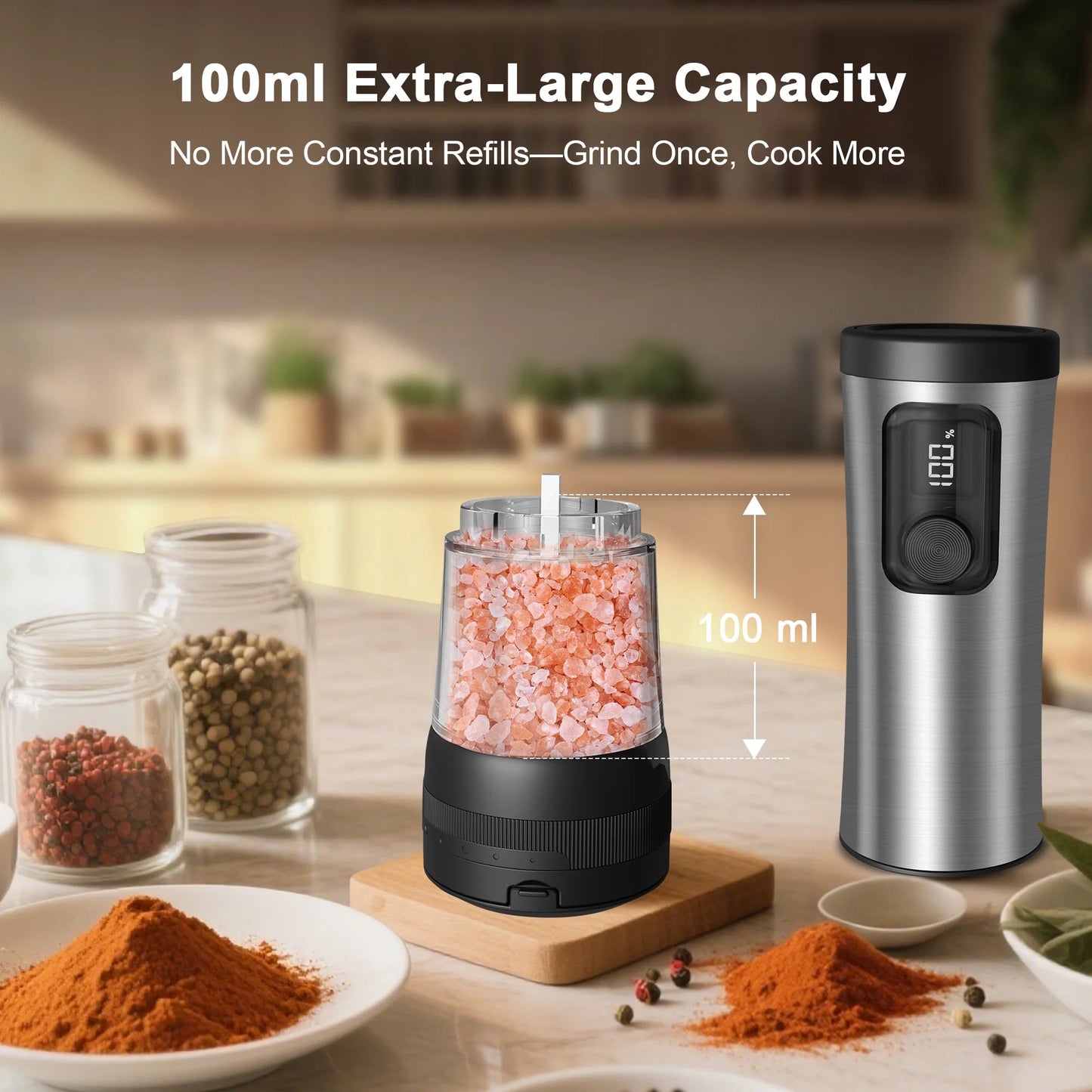 Electric Salt and Pepper Grinder Set – Automatic Rechargeable Pepper Mill with LED Battery Display & USB‑C Charging Base, 5‑Level Adjustable Stainless Steel Spice Mill for Kitchen, Dining & Camping