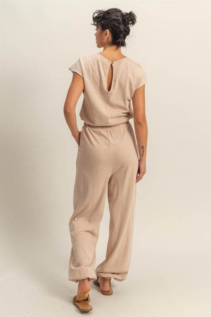 HYFVE Back Keyhole round Neck Cap Sleeve Drawstring Jumpsuit