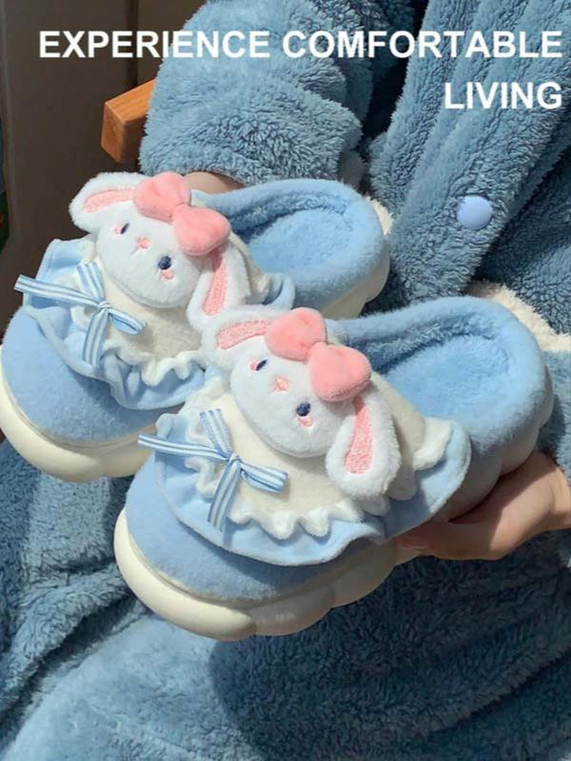 Women'S Thick Sole Plush Slippers for Home Use, Cute Cartoon Rabbit Design, Warm Non-Slip Winter Footwear, Cozy House Slippers