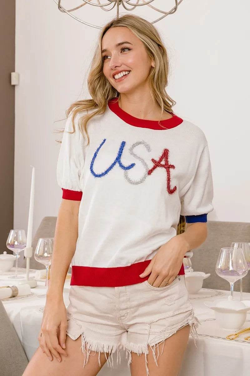 Bibi USA Metallic Letter Color Block Knit Top