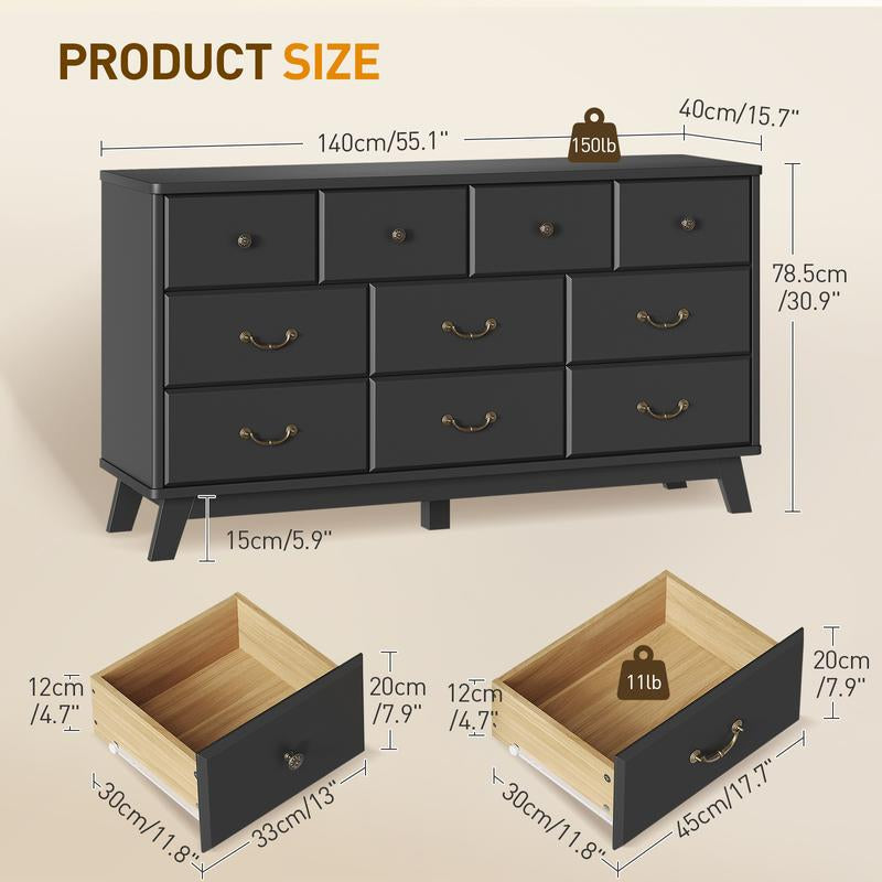 Black Dresser for Bedroom, Wooden 10 Drawer Dresser, 55.1" Wide Chest of Drawers with Vintage Metal Handle, Modern Dressers for Bedroom, Closet, Hallway, Living Room, Dressers TV Stand