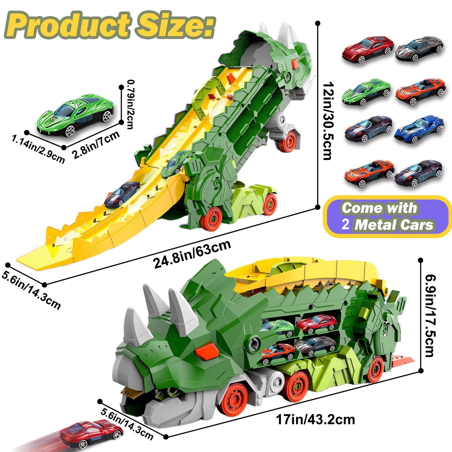 New Product Folding Dinosaur Transporter Car Toys Competitive Game Roll to Eat & Store Die-Cast Cars(Come With2 Metal Cars)