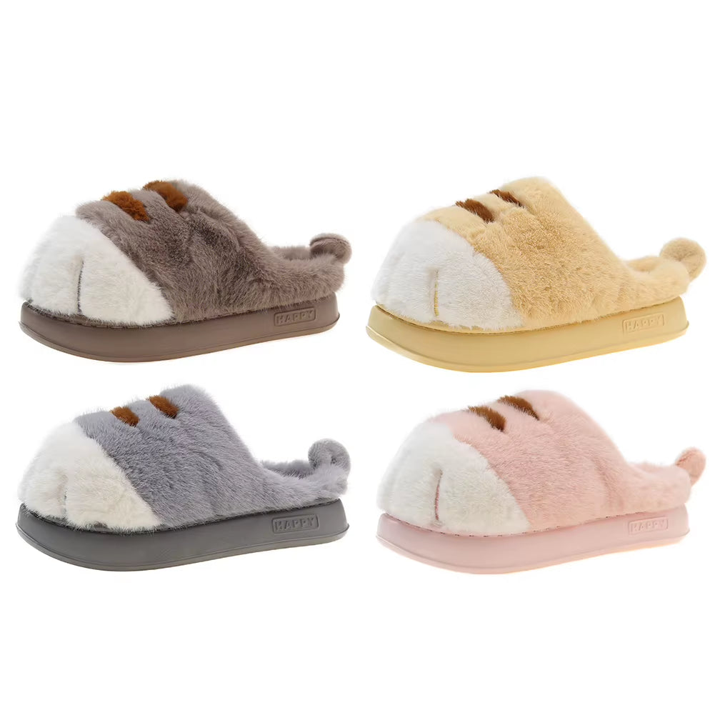 3D Cat Paw Plush Slippers Flat Thermal Slippers Comfortable Fluffy Home Slippers anti Slip Cute Paw Slippers for Indoor Bedroom