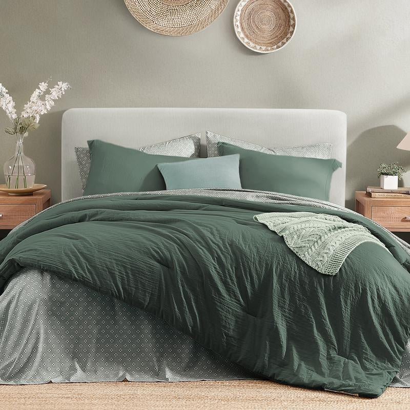 Melex Home 7-Pieces Comforter Set, Modern Farmhouse Coastal Style Bedding, 1 Single-Stitch Comforter, 2 Pillowcases, 2 Shams, 1 Flat & 1 Fitted Sheet