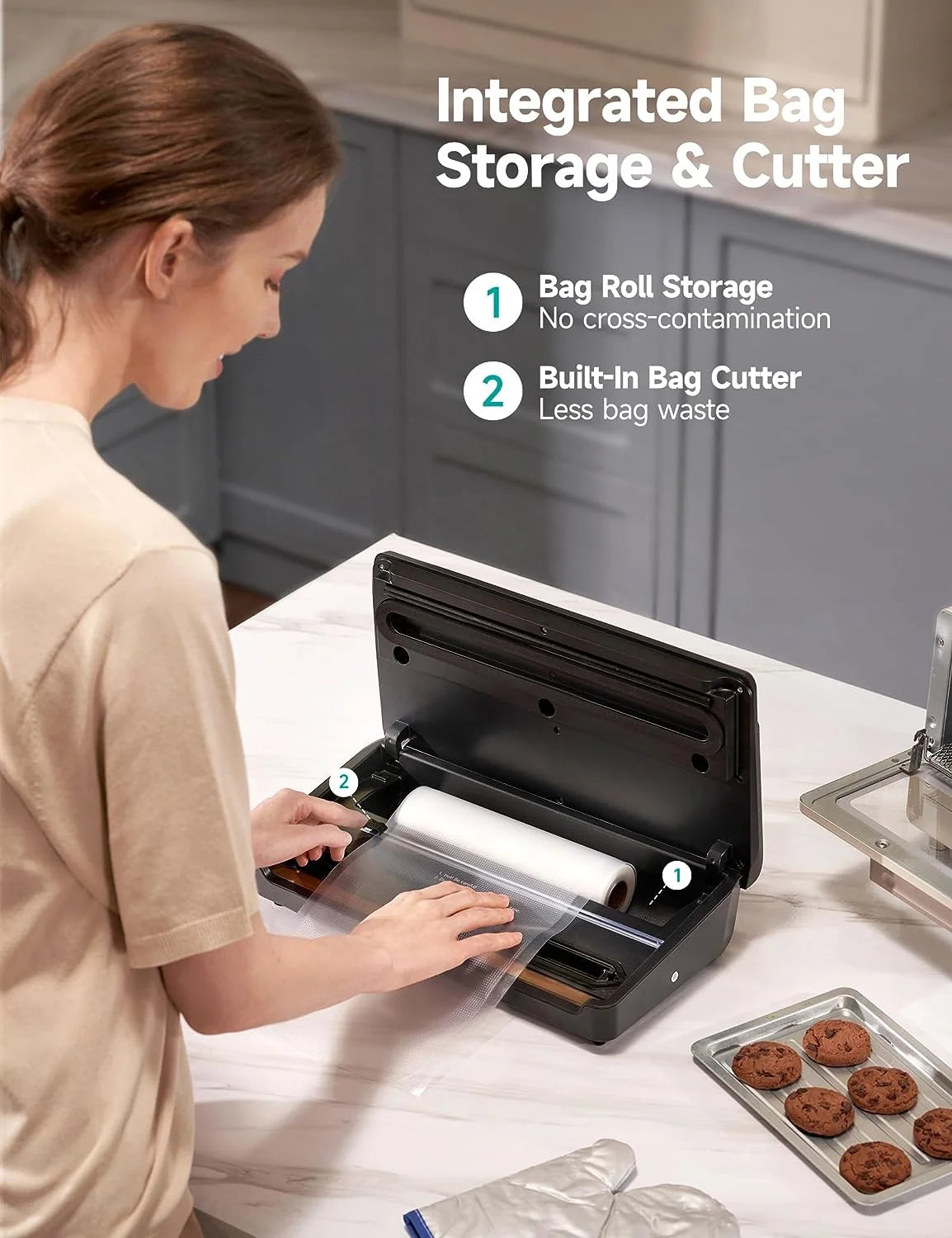 Food Vacuum Sealer with Built-In Cutter and Bpa-Free Roll & Bags, Automatic Air Sealing Dry & Moist Food Modes