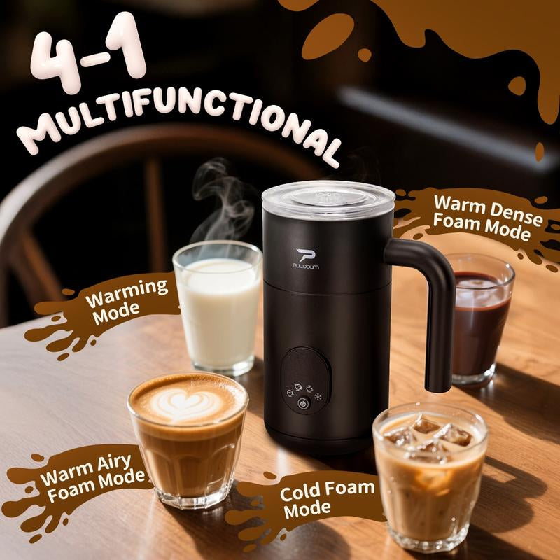 Puldoum Electric Milk Frother 30 Seconds Frothing 4-In-1 Automatic Warm & Cold Froth Maker for Coffee Latte Cappuccino Macchiato Hot Chocolate 11.8Oz 350Ml