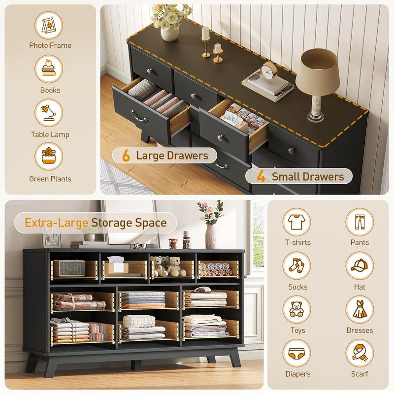Black Dresser for Bedroom, Wooden 10 Drawer Dresser, 55.1" Wide Chest of Drawers with Vintage Metal Handle, Modern Dressers for Bedroom, Closet, Hallway, Living Room, Dressers TV Stand