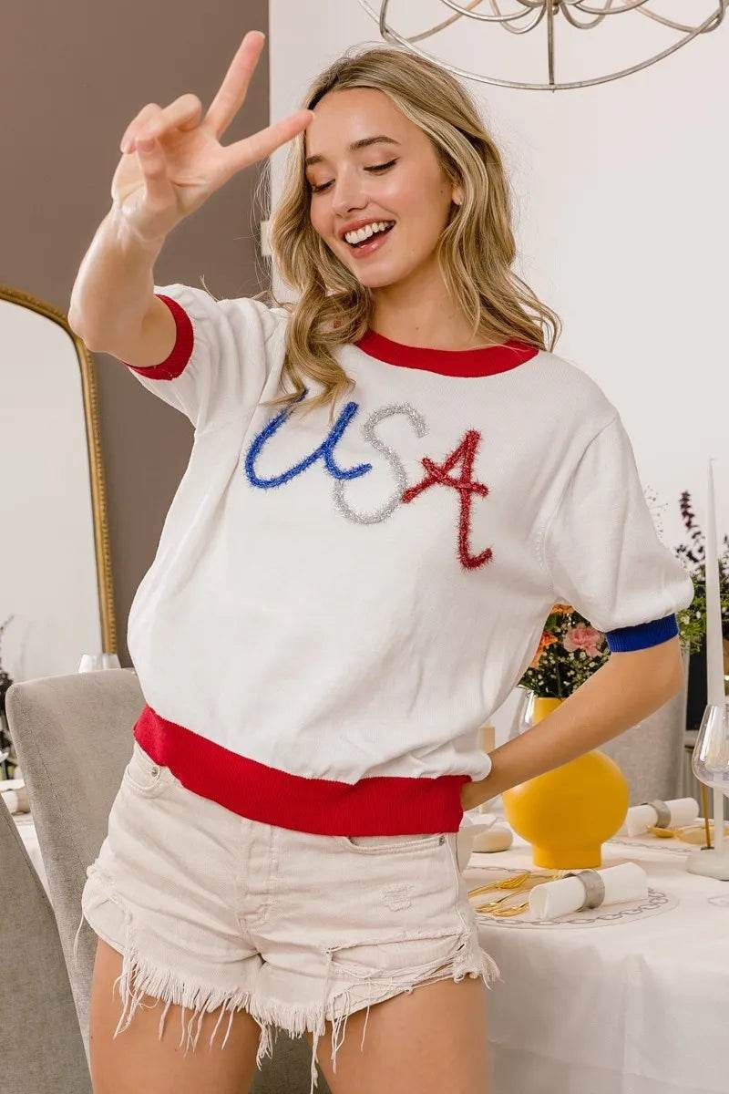 Bibi USA Metallic Letter Color Block Knit Top