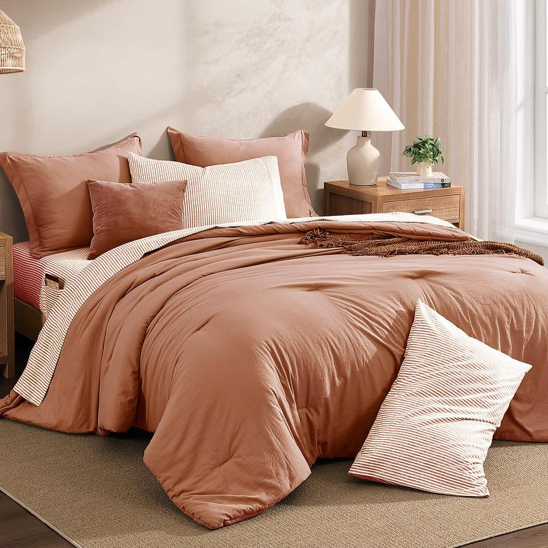 Melex Home 7-Pieces Comforter Set, Modern Farmhouse Coastal Style Bedding, 1 Single-Stitch Comforter, 2 Pillowcases, 2 Shams, 1 Flat & 1 Fitted Sheet